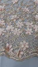 3D Floral Pearl Fabric - Peach - 3D Triangle Flower Design on Mesh By Yard