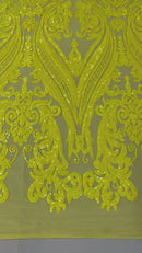 Big Damask Sequins Fabric - Yellow on Yellow - 4 Way Stretch Damask Sequins Design Fabric By Yard