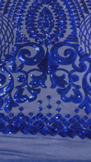 Geometric Pattern Sequins - Royal Blue - 4 Way Stretch Colorful Shine Designer Sequins By Yard