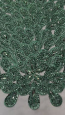 3D Beaded Peacock Feathers - Hunter Green - Vegas Design Embroidered Sequins and Beads On a Mesh Lace Fabric (Choose The Panels)
