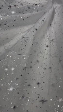 Foil Star Organza - Silver On White - 60" Sheer Silver Star Organza Fabric Sold By Yard