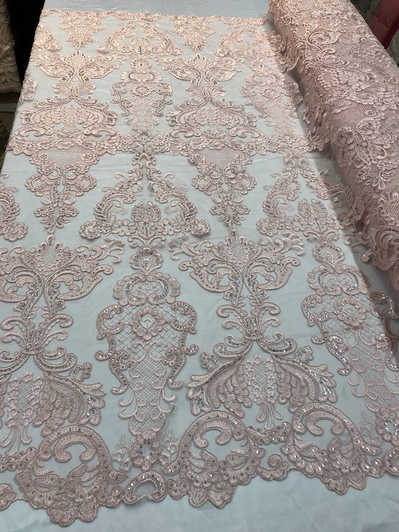 Floral - Pink - Embroided Lace Fabric Damask Pattern - Beautiful Fabrics Sold by The Yard