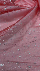 Foil Star Organza - Silver On Red - 60" Sheer Silver Star Organza Fabric Sold By Yard