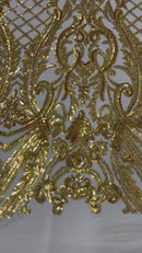Damask Geometric Sequins - Gold Holographic - 4 Way Stretch Sequins Damask Pattern Design Sold By Yard