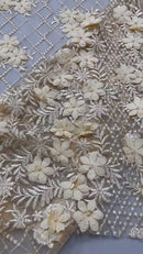 3D Floral Pearl Fabric - Champagne - 3D Triangle Flower Design on Mesh By Yard