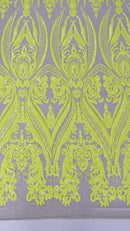 Big Damask Sequins Fabric - Yellow on Nude - 4 Way Stretch Damask Sequins Design Fabric By Yard