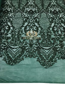 Sequins - Hunter Green - 4 Way Stretch Fancy Fabric Embroidered On Mesh Sold By The Yard