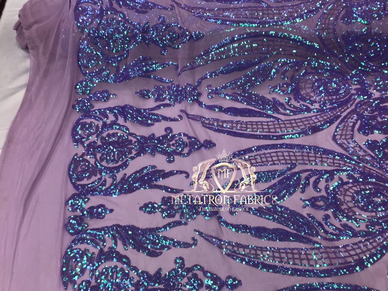 Big Damask Sequins Fabric - Iridescent Lilac - 4 Way Stretch Damask Sequins Design Fabric By Yard