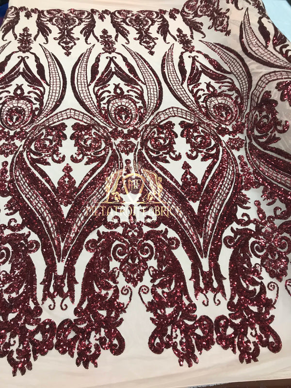 Big Damask Sequins Fabric - Burgundy - 4 Way Stretch Damask Sequins Design Fabric By Yard