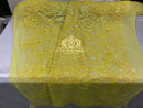 Iridescent Sequins - Yellow - 4 Way Stretch Damask Design Fabric On Stretch Mesh By The Yard