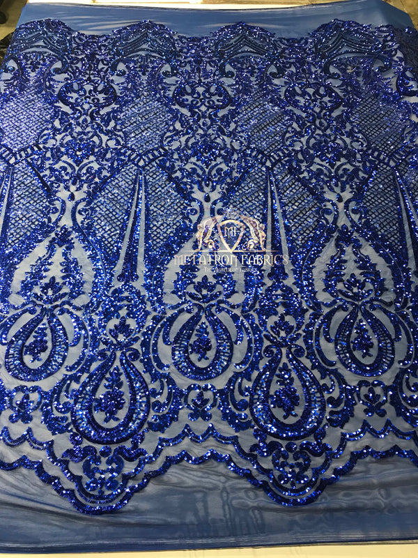 Sequins - Royal Blue - 4 Way Stretch Fancy Fabric Embroidered On Mesh Sold By The Yard