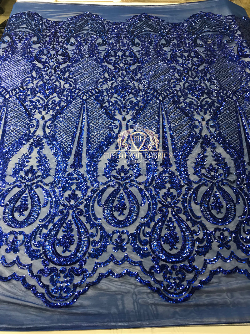 Sequins - Royal Blue - 4 Way Stretch Fancy Fabric Embroidered On Mesh Sold By The Yard