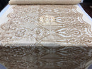 Sequins - Gold - 4 Way Stretch Fancy Fabric Embroidered On Mesh Sold By The Yard