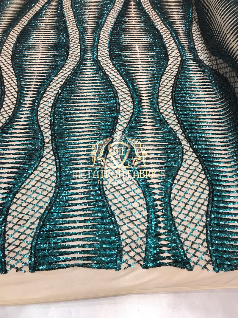 4 Way Stretch - Teal  - Horizontal Line Design Sequins On Stretch Mesh By The Yard