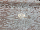 Big Damask Sequins Fabric - White on Nude - 4 Way Stretch Damask Sequins Design Fabric By Yard