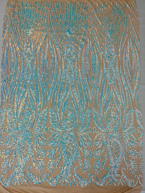 Paisley Sequin Fabric - Aqua / Blue - Line Pattern 4 Way Stretch Elegant Fabric By The Yard