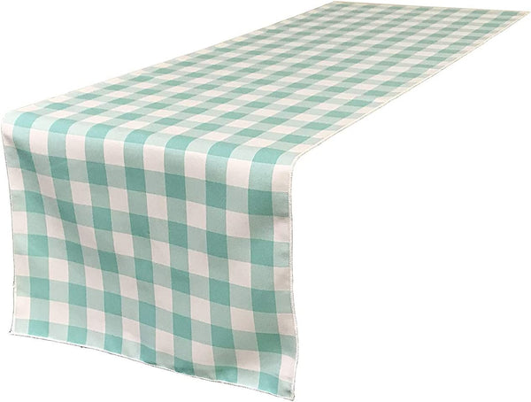 12" Checkered Table Runner - Aqua / White - High Quality Polyester Poplin Fabric Table Runners (Pick Size)