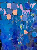 Jumbo 1.5" Circle Sequins - Aqua / White - Jumbo Sequins On Mesh Fabric Sold By The Yard