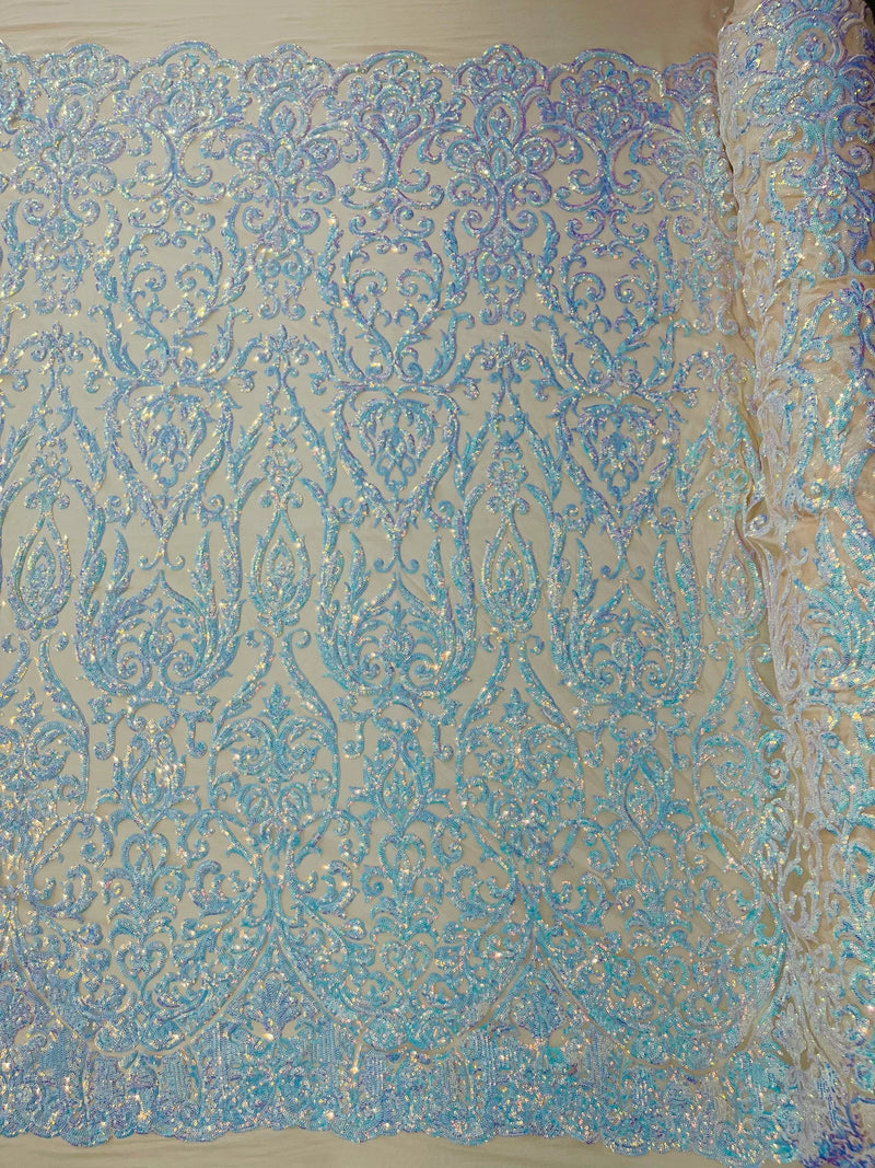 Damask Decor Sequins - Aqua Blue - 4 Way Stretch Design High Quality Fabric By Yard