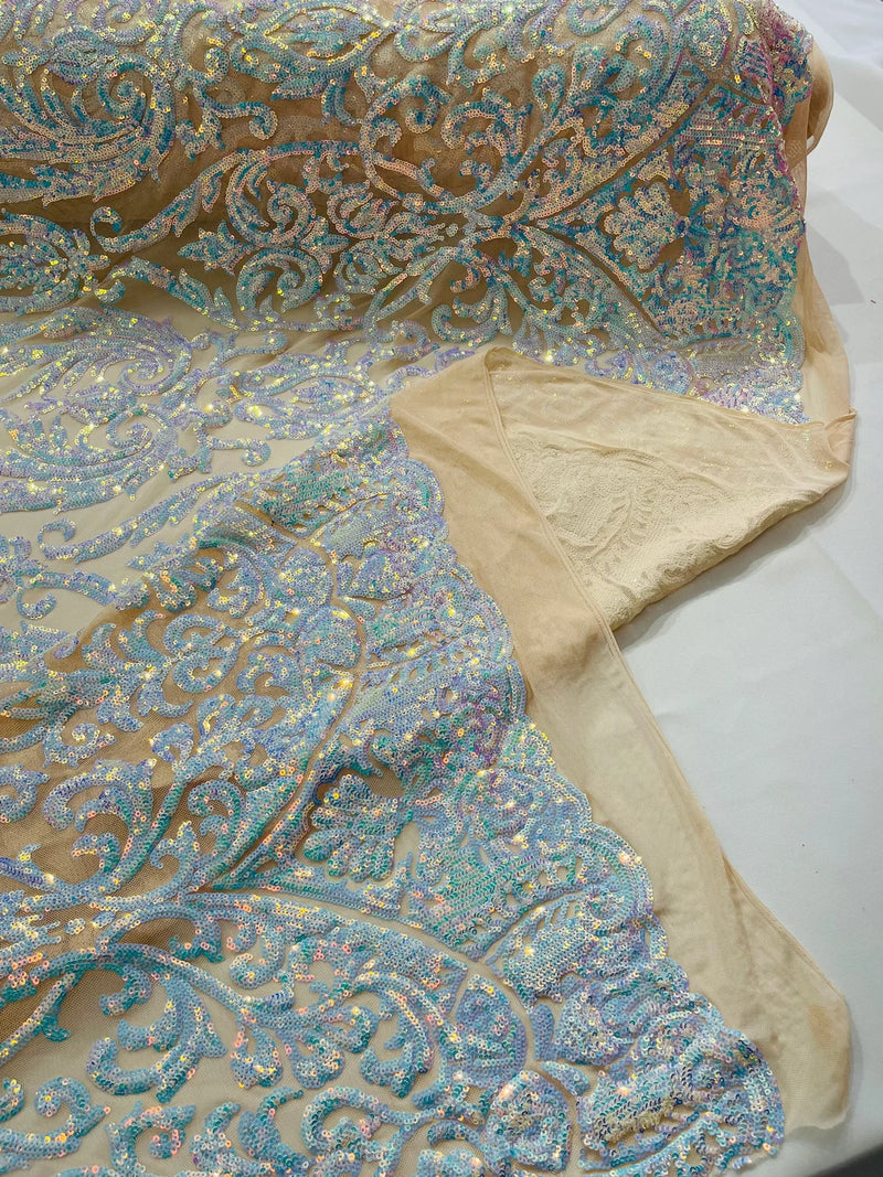 Damask Decor Sequins - Aqua Blue - 4 Way Stretch Design High Quality Fabric By Yard