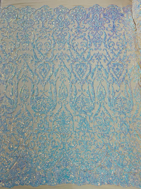 Damask Decor Sequins - Aqua Blue - 4 Way Stretch Design High Quality Fabric By Yard