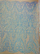 Heart Damask Sequins - Aqua Blue Iridescent - 4 Way Stretch Elegant Shiny Net Sequins Fabric By Yard