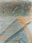 Heart Damask Sequins - Aqua Blue Iridescent - 4 Way Stretch Elegant Shiny Net Sequins Fabric By Yard