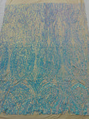 Long Wavy Pattern Sequins - Aqua Blue Iridescent - 4 Way Stretch Sequins Fabric Line Design By Yard