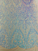 Heart Damask Sequins - Aqua Blue Iridescent - 4 Way Stretch Elegant Shiny Net Sequins Fabric By Yard