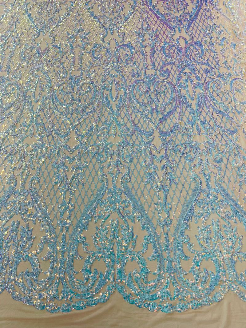 Heart Damask Sequins - Aqua Blue Iridescent - 4 Way Stretch Elegant Shiny Net Sequins Fabric By Yard