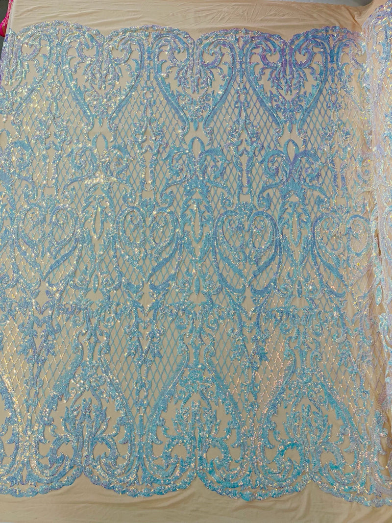 Heart Damask Sequins - Aqua Blue Iridescent - 4 Way Stretch Elegant Shiny Net Sequins Fabric By Yard