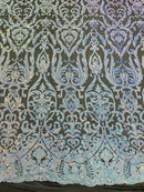Damask Decor Sequins - Aqua Blue on Black - 4 Way Stretch Design High Quality Fabric By Yard