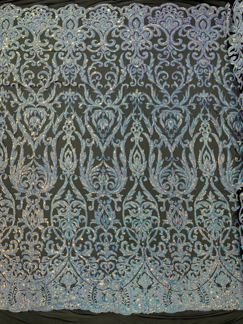 Damask Decor Sequins - Aqua Blue on Black - 4 Way Stretch Design High Quality Fabric By Yard