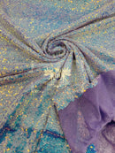 Mini Glitz Sequins - Aqua Blue on Lilac - 4 Way Stretch Mini Glitz Sequins on Mesh Fabric Sold By Yard