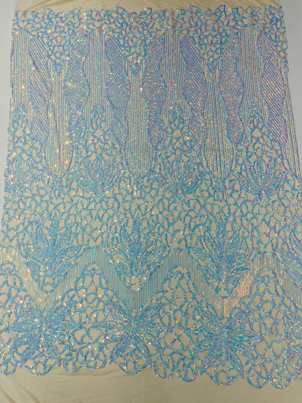 Elegant Floral Leaf Design - Aqua Iridescent #01 - 4 Way Stretch Sequins Lace Spandex Fabric By Yard