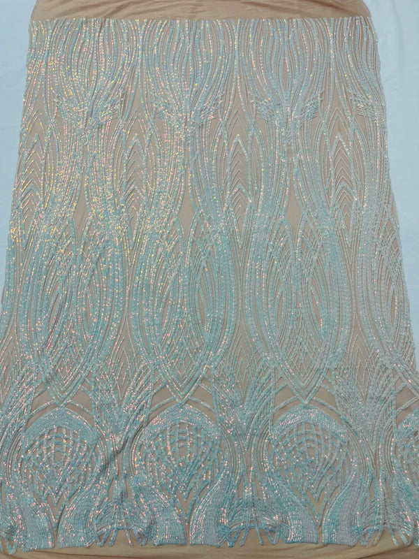 Long Wavy Pattern Sequins - Aqua Iridescent - 4 Way Stretch Sequins Fabric Line Design By Yard