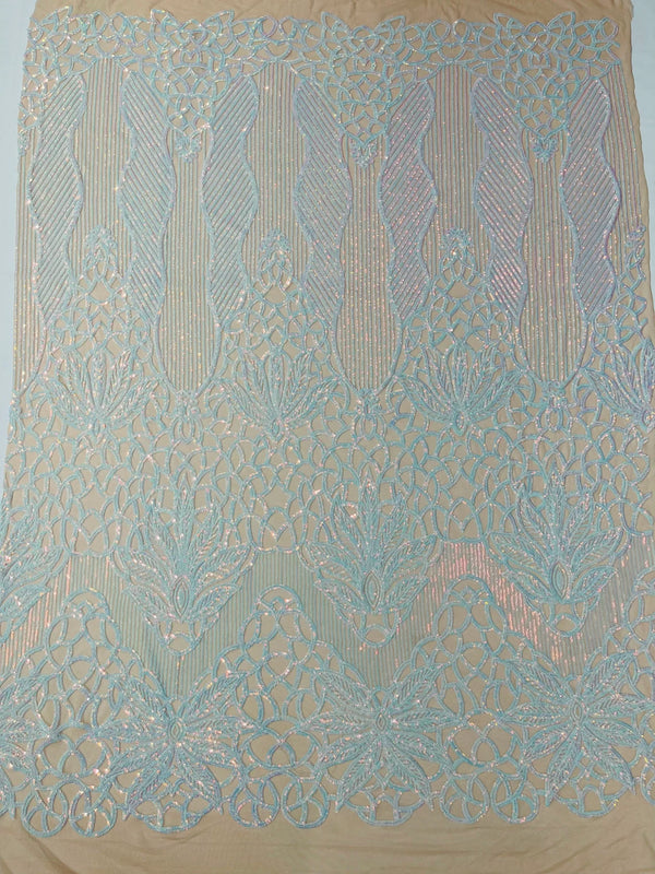 Elegant Floral Leaf Design - Aqua Iridescent #02 - 4 Way Stretch Sequins Lace Spandex Fabric By Yard