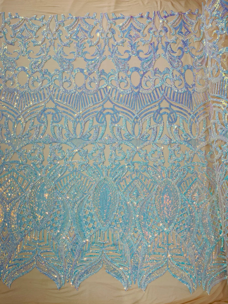 Aqua Iridescent on Nude - 4 Way Stretch Embroidered Royalty Sequins Design Fabric By Yard