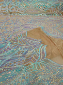 Aqua Iridescent on Nude - 4 Way Stretch Embroidered Royalty Sequins Design Fabric By Yard