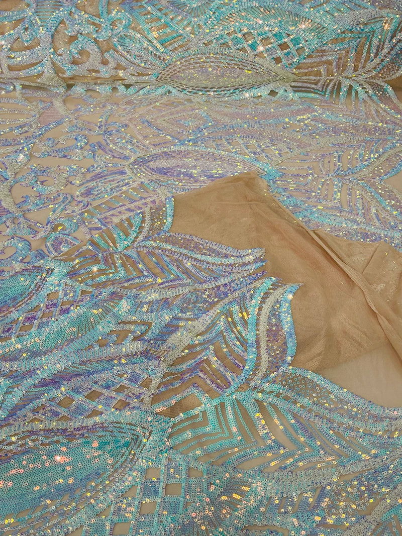 Aqua Iridescent on Nude - 4 Way Stretch Embroidered Royalty Sequins Design Fabric By Yard