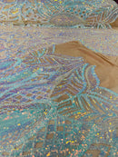 Aqua Iridescent on Nude - 4 Way Stretch Embroidered Royalty Sequins Design Fabric By Yard