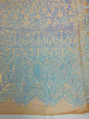 Aqua Iridescent on Nude - 4 Way Stretch Embroidered Royalty Sequins Design Fabric By Yard