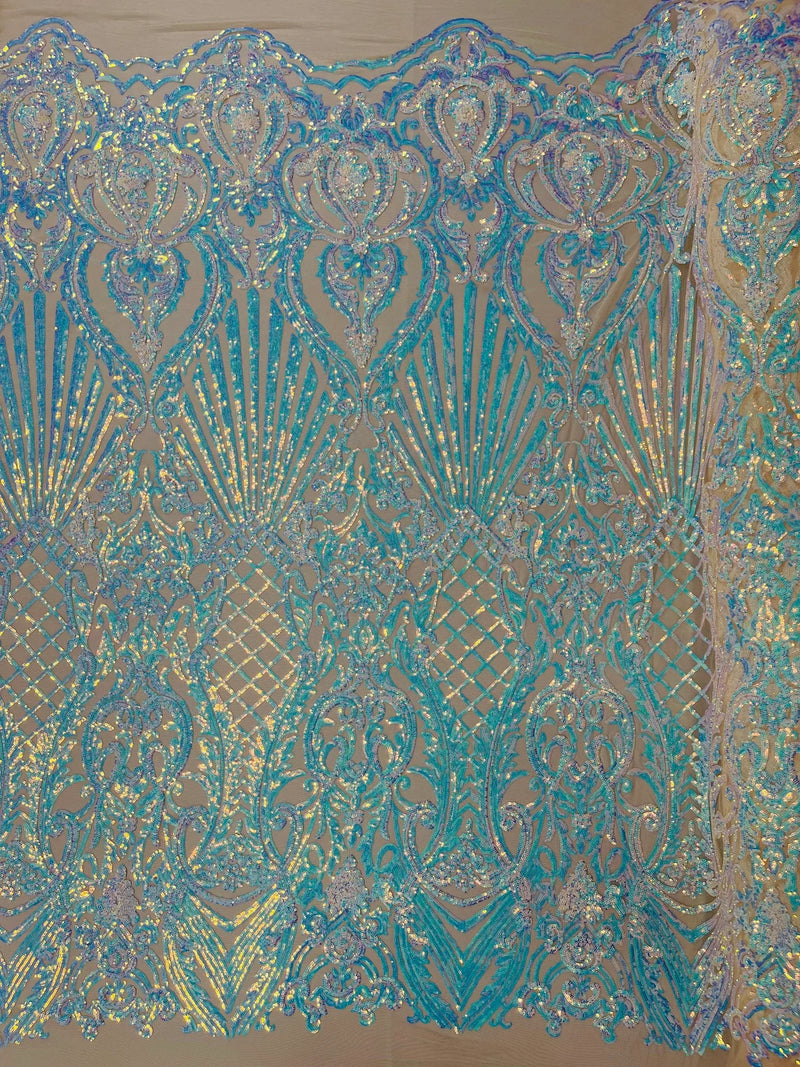 Damask Geometric Sequins - Aqua on Nude Mesh - 4 Way Stretch Sequins Damask Pattern Design Sold By Yard