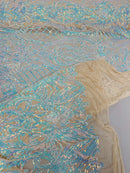 Damask Geometric Sequins - Aqua on Nude Mesh - 4 Way Stretch Sequins Damask Pattern Design Sold By Yard