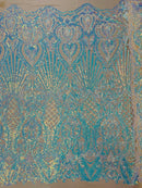 Damask Geometric Sequins - Aqua on Nude Mesh - 4 Way Stretch Sequins Damask Pattern Design Sold By Yard