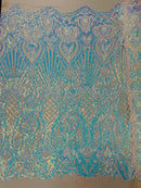Damask Geometric Sequins - Aqua on Nude Mesh - 4 Way Stretch Sequins Damask Pattern Design Sold By Yard