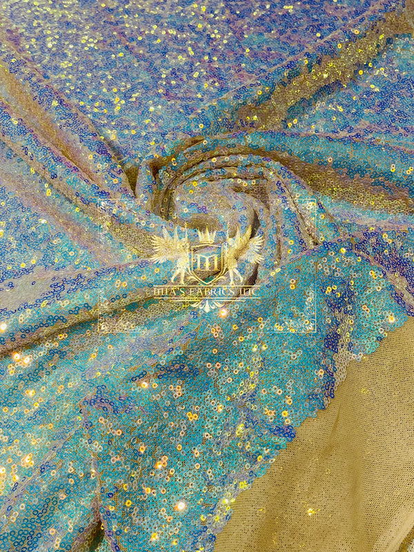 Mini Glitz Sequins - Aqua on Lt Nude - 4 Way Stretch Mini Glitz Sequins on Mesh Fabric Sold By Yard