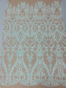 4 Way Stretch - Aqua on Nude - Sequins Damask Design Fabric Embroidered On Mesh Sold By The Yard