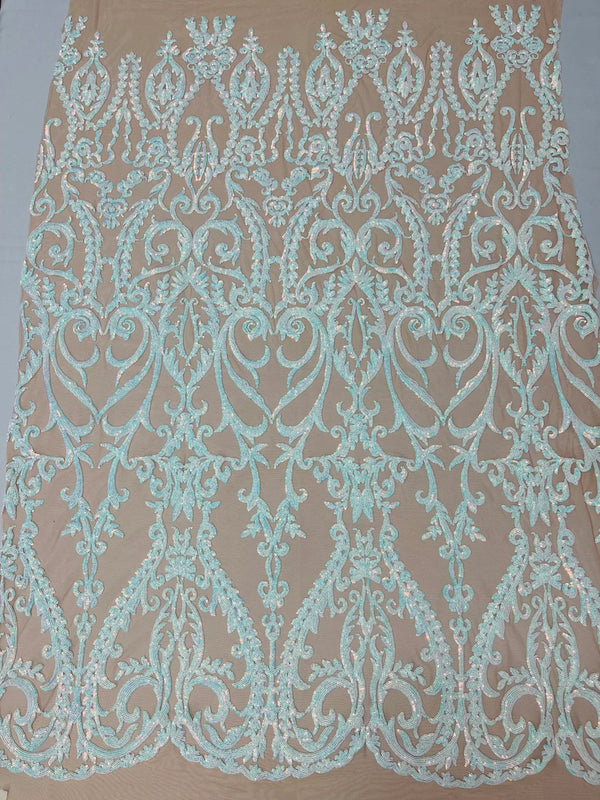 4 Way Stretch - Aqua on Nude - Sequins Damask Design Fabric Embroidered On Mesh Sold By The Yard