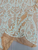 4 Way Stretch - Aqua on Nude - Sequins Damask Design Fabric Embroidered On Mesh Sold By The Yard